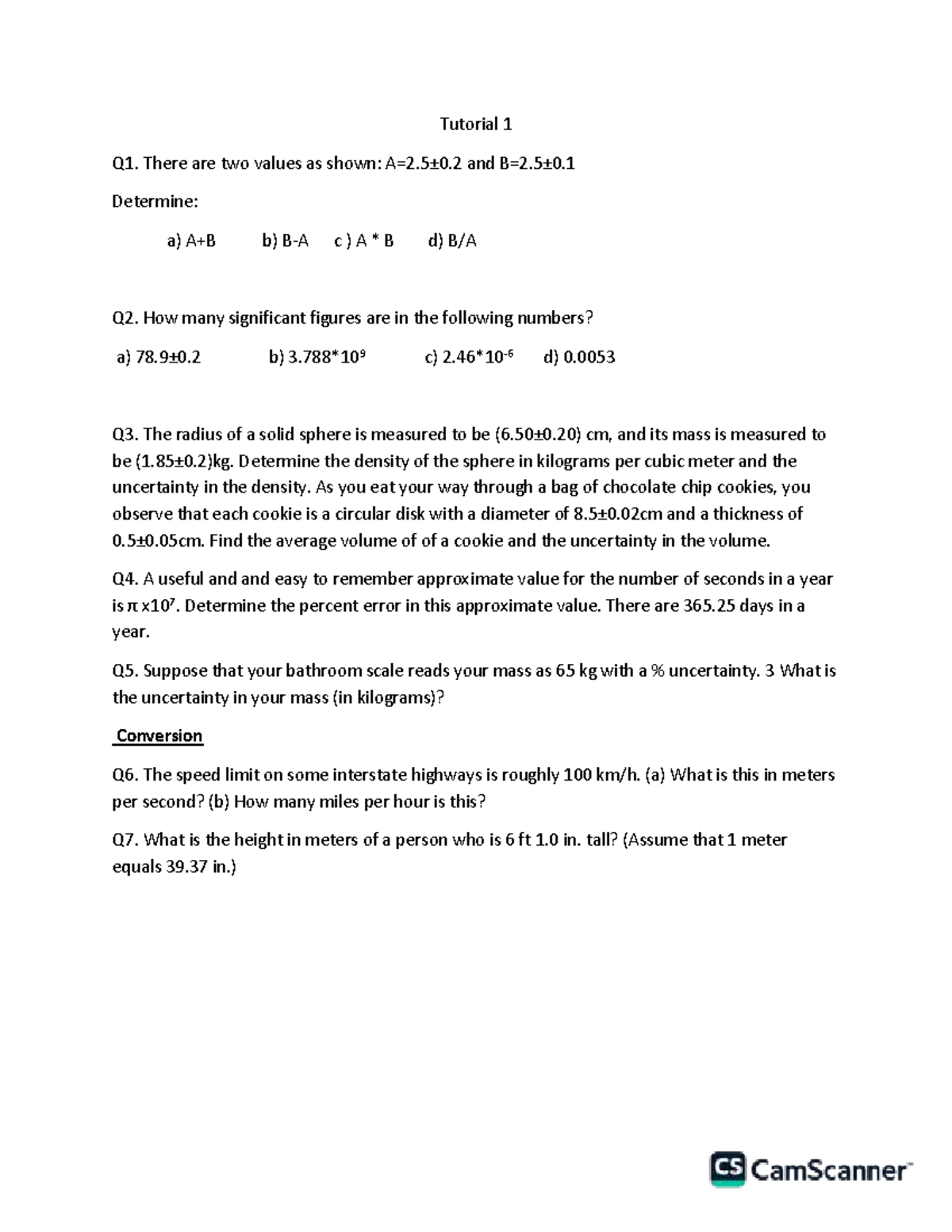 Tutorial 1 - Questions on Significant Figures and Measurements - Studocu