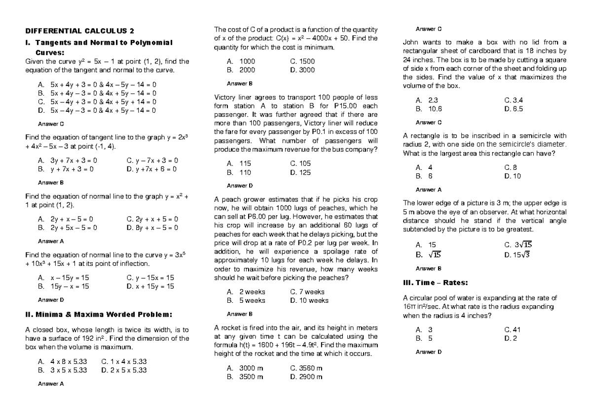 Differential Calculus 2: Tangents, Normals, and Optimization Problems ...