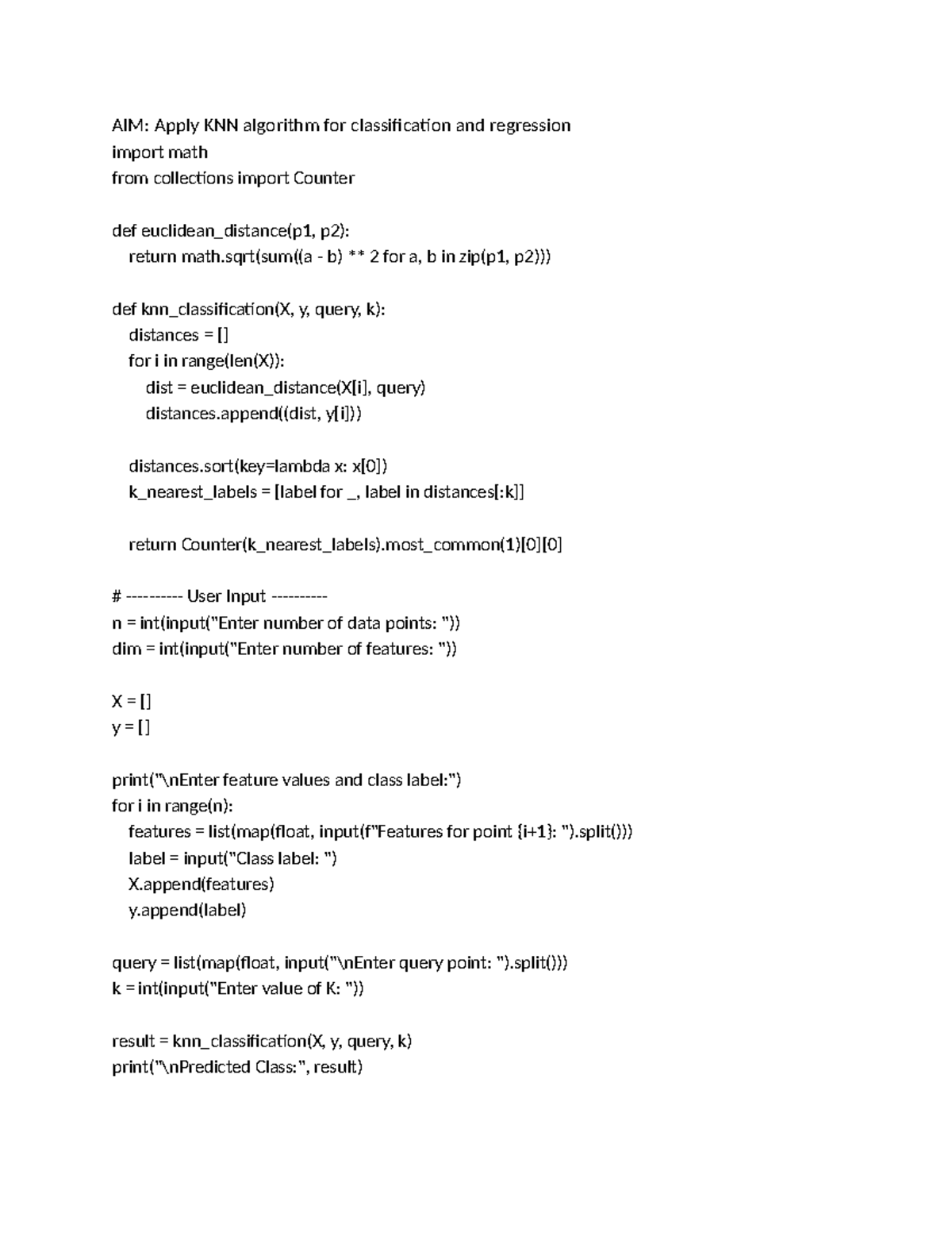 AIM: KNN Algorithm for Classification & Regression (ML Lab) - Studocu