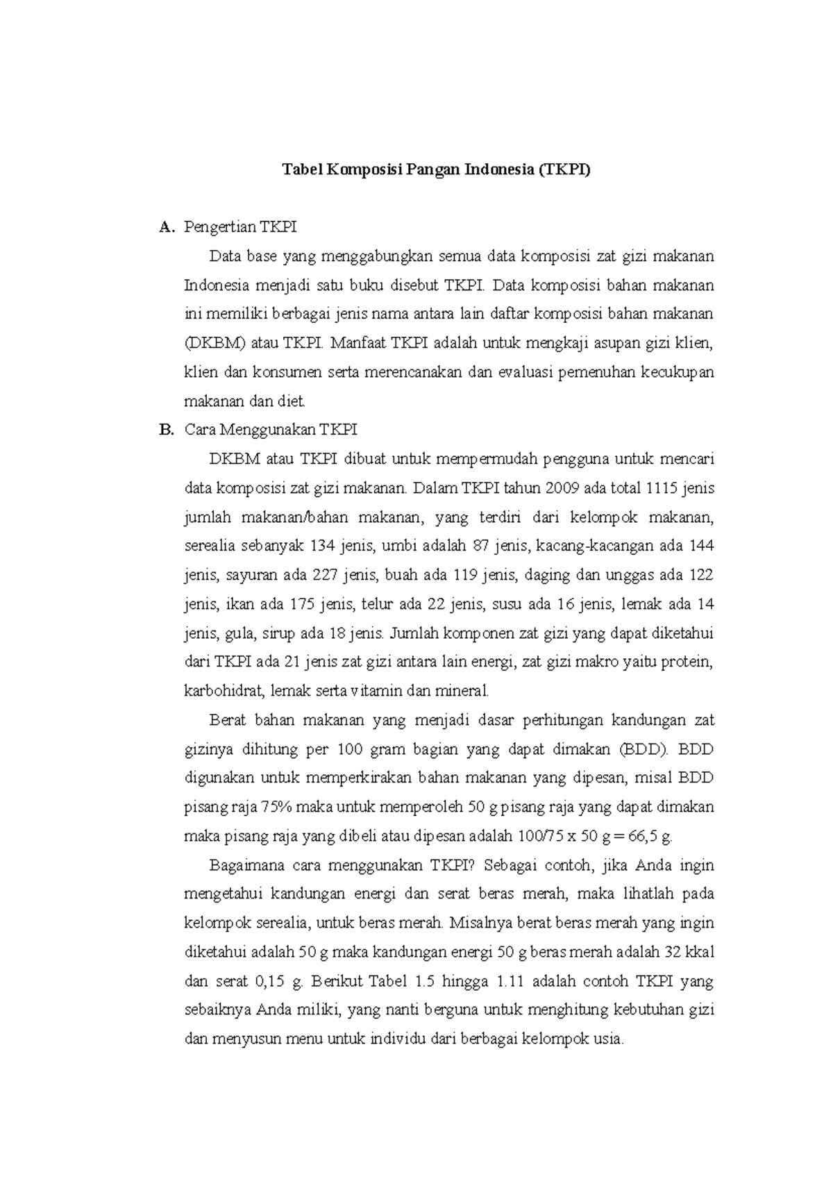 Tabel Komposisi Pangan Indonesia (TKPI) dan Cara Penggunaannya - Studocu