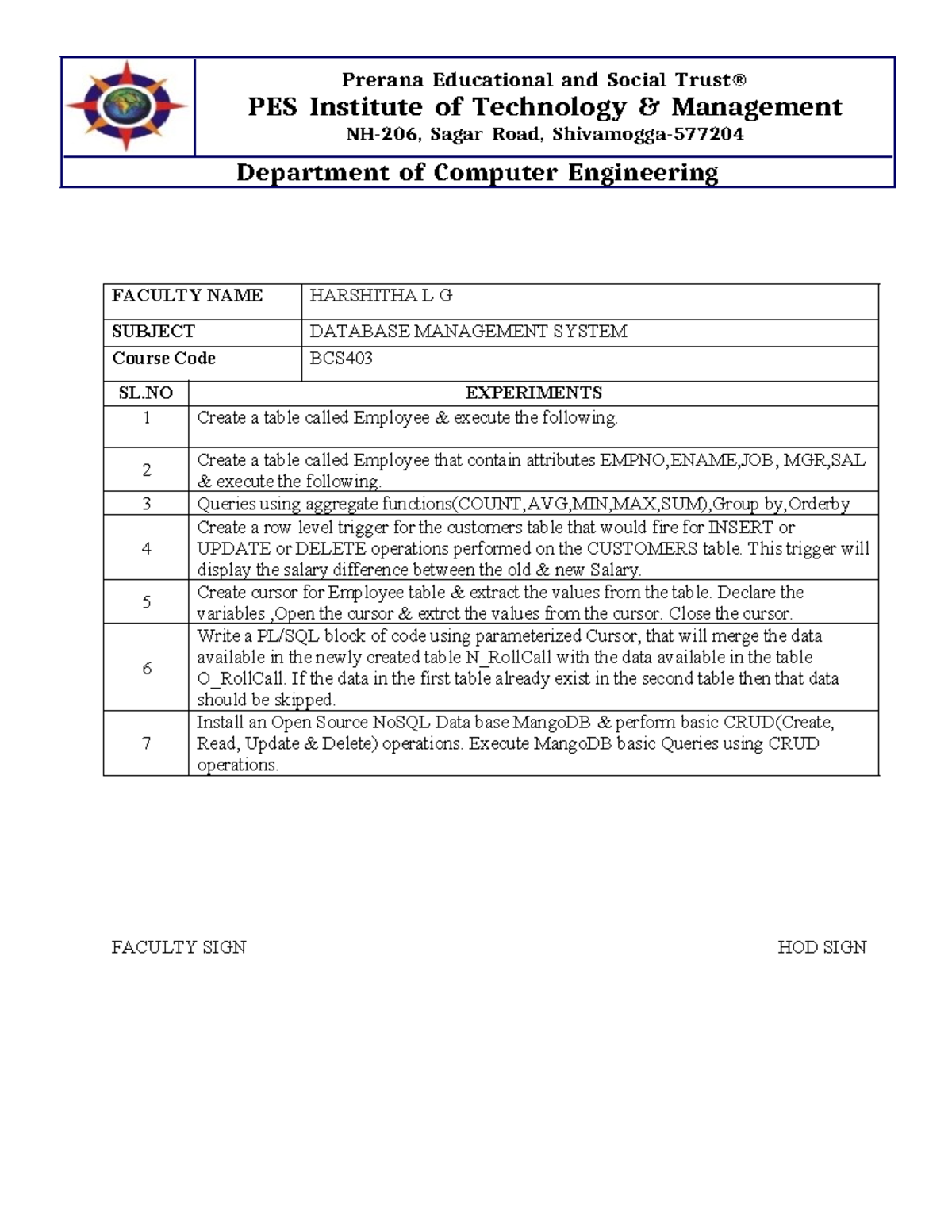 DBMS - Lab Experiments Overview (Course Code: BCS) - Studocu