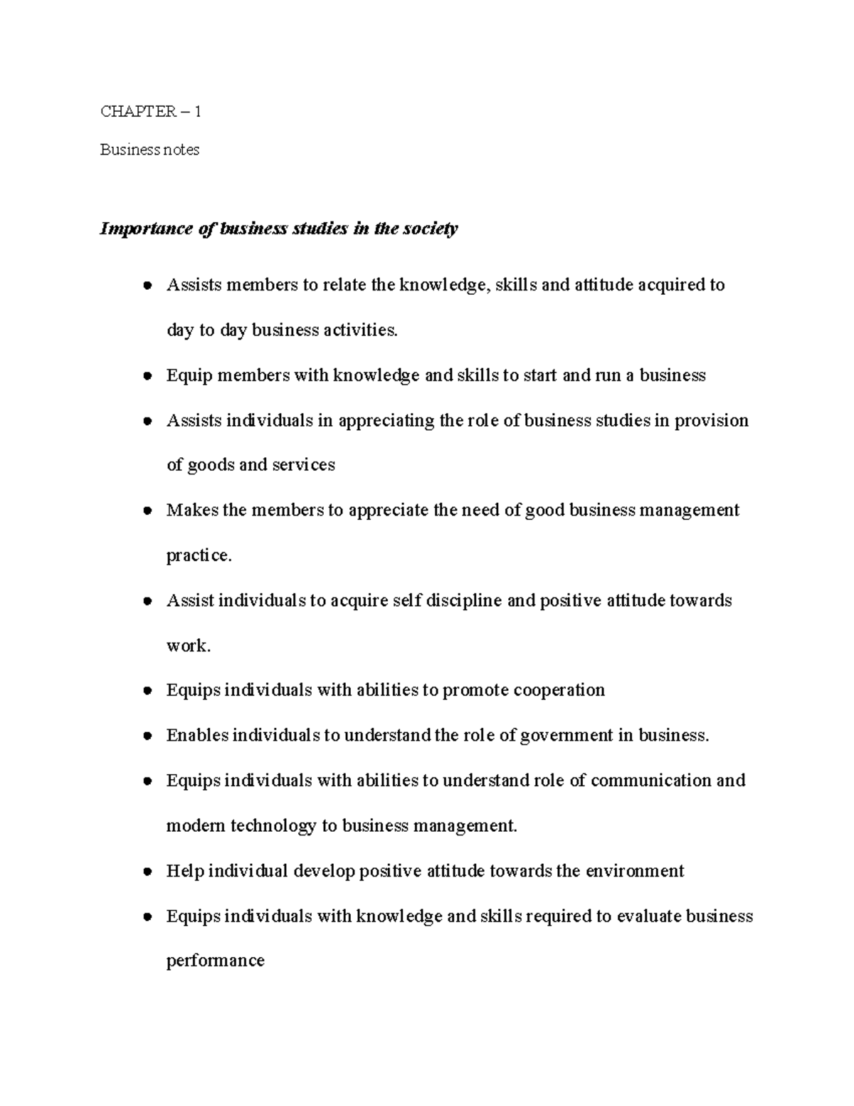 Chapter 1: Business Studies Importance and Impact Notes - Studocu