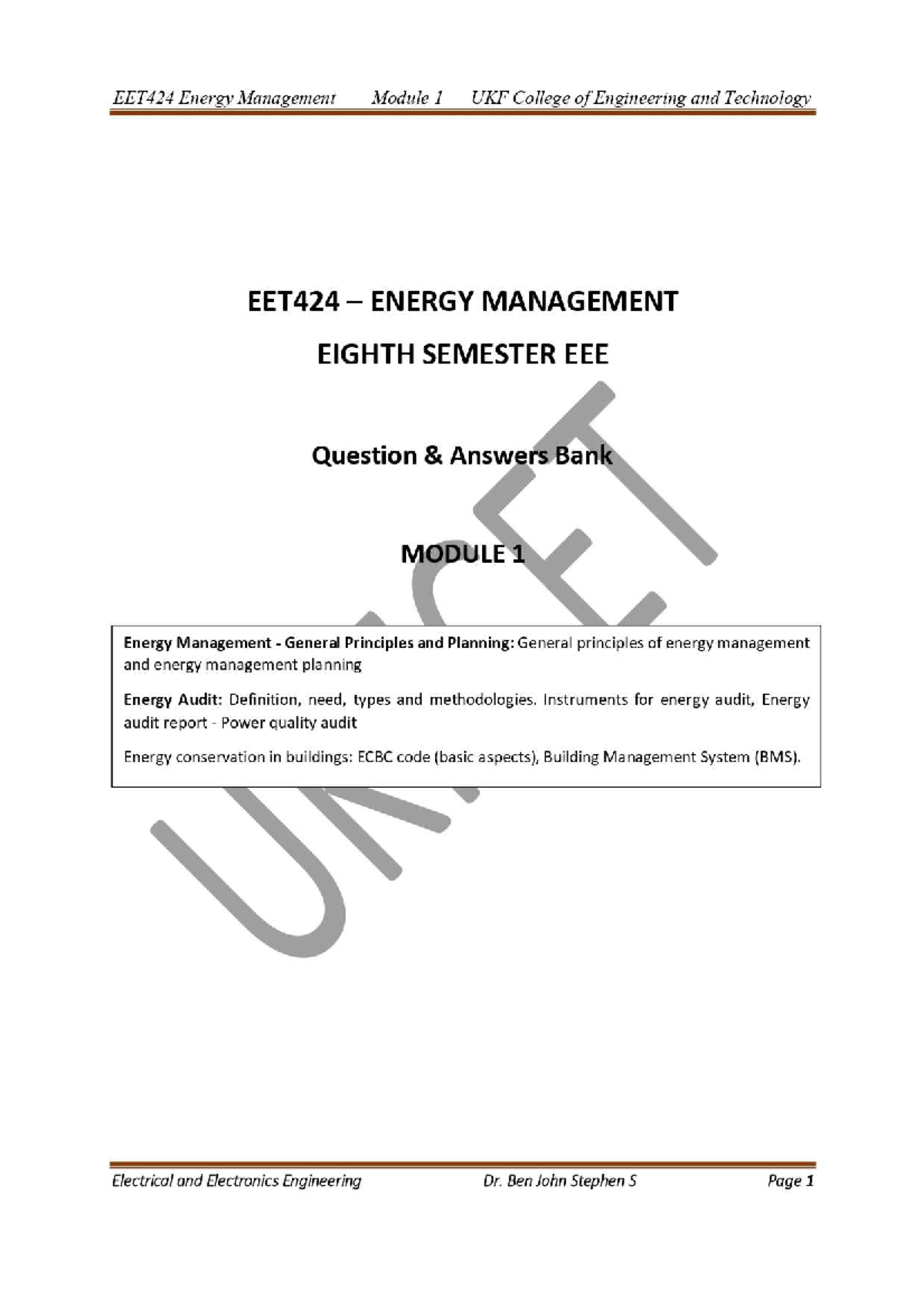 EET424 Energy Management Module I: Key Concepts and Q&A - Studocu