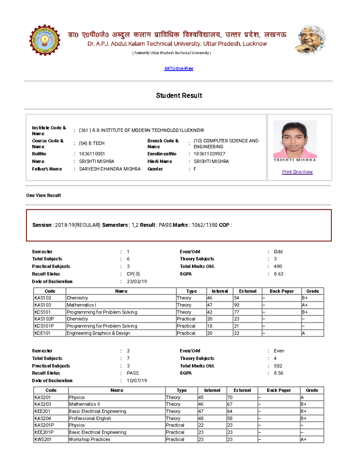Student Result Report for B.TECH CSE (04) by AKTU SDC Team - Studocu