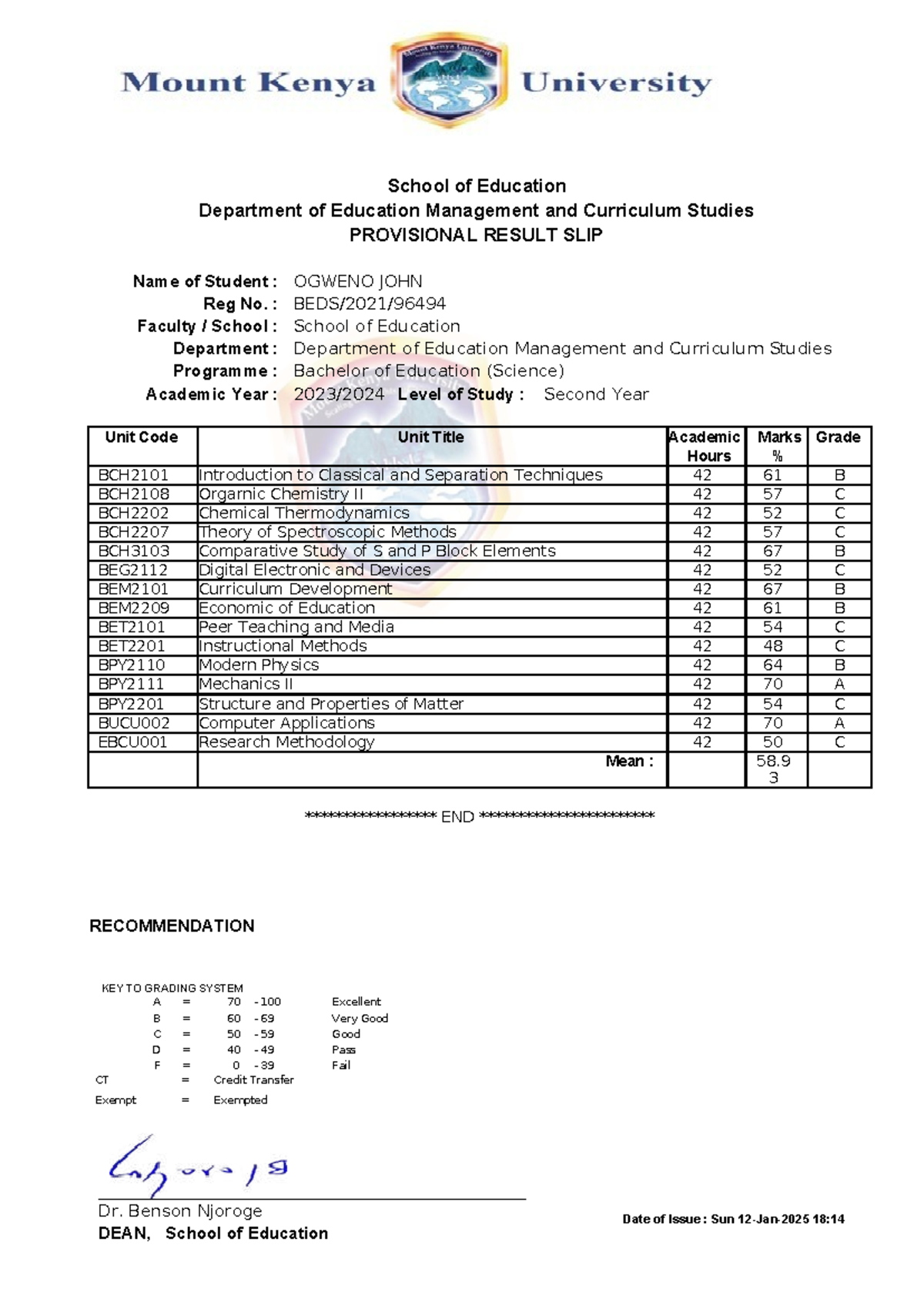 Second Year Transcript - Bachelor of Education (BCH2101, BCH2108, etc ...