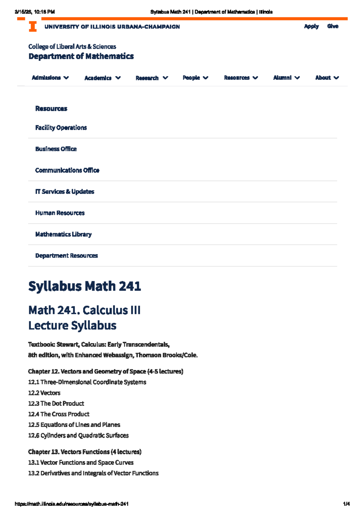 MATH 241 - Calculus Lecture Syllabus Overview - Studocu