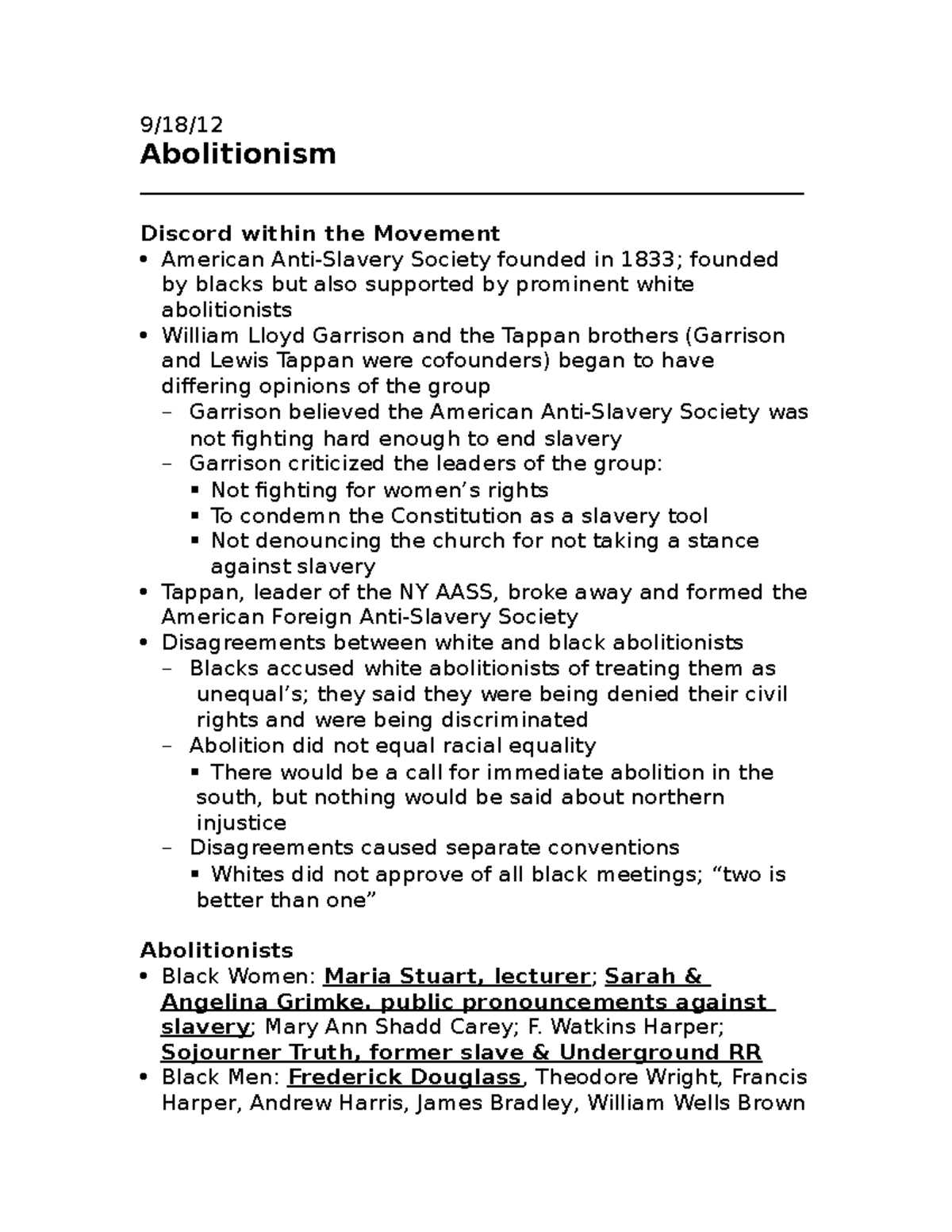 9-20 Abolitionism - Lecture notes 5 - Abolitionism Discord within the ...