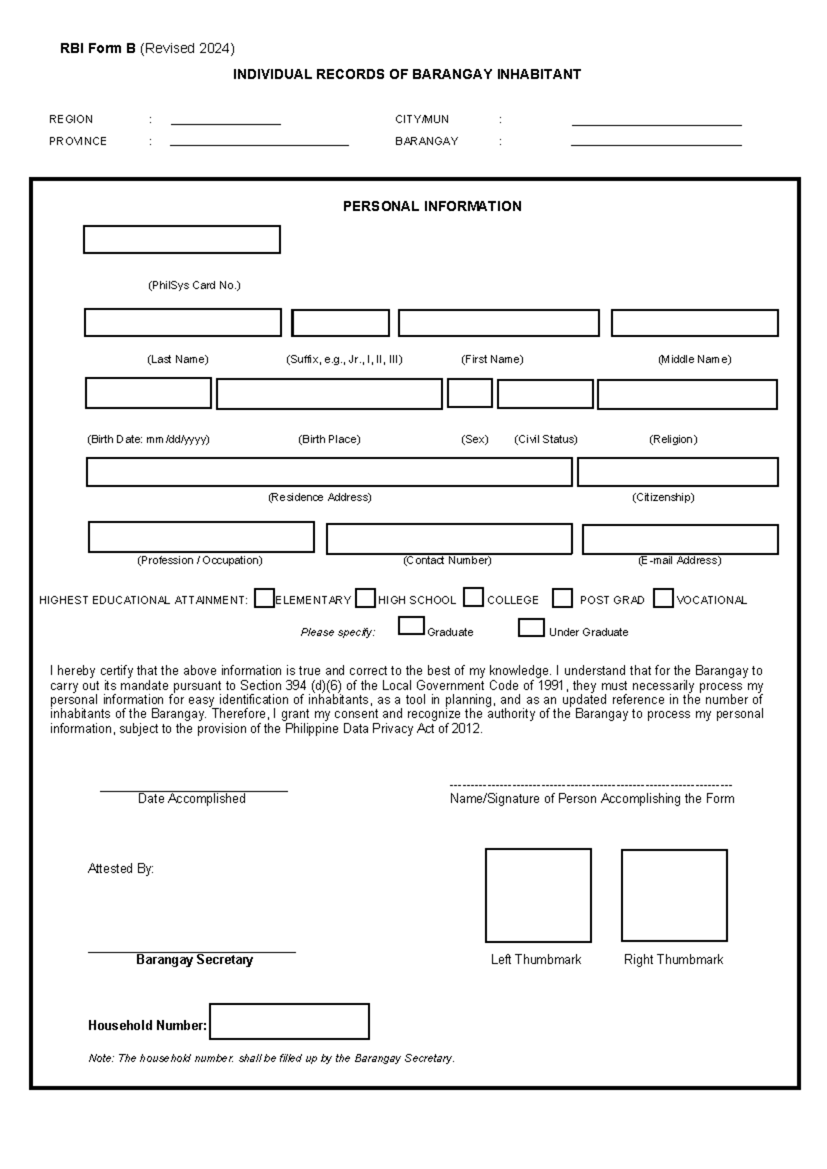 RBI Form B (Revised 2024): Individual Records of Barangay Inhabitants ...