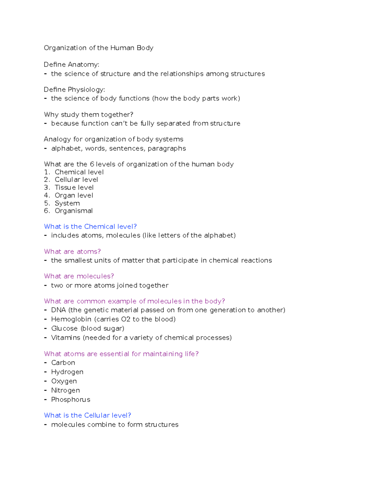 Anatomy & Physiology Overview CH 1 Notes for BIOL101 - Studocu
