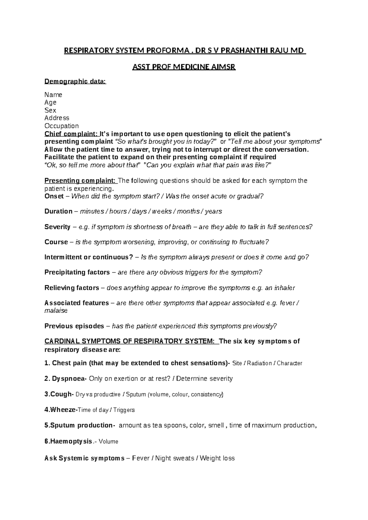 RS Case Proforma for MBBS - Respiratory System Assessment Notes - Studocu