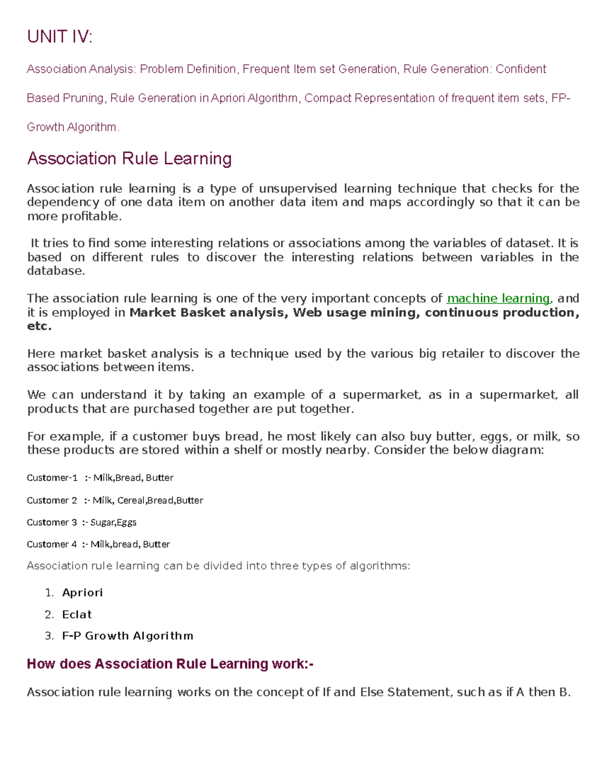 DWDM UNIT IV: Association Rule Learning & Frequent Itemset Mining - Studocu