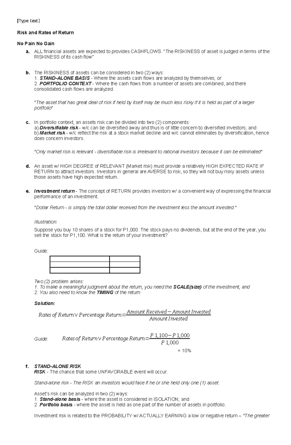 Risk and Return - Lecture Notes 3: Key Concepts and Calculations - Studocu