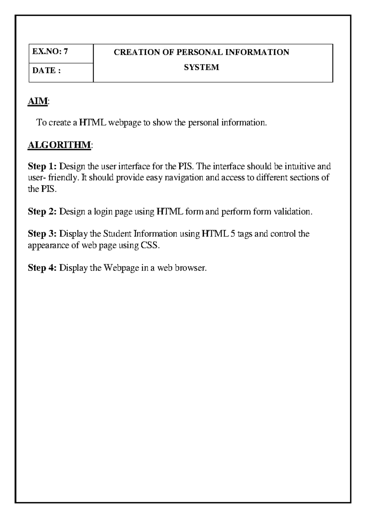 Ex7 - Creation of Personal Information System Using HTML - Studocu