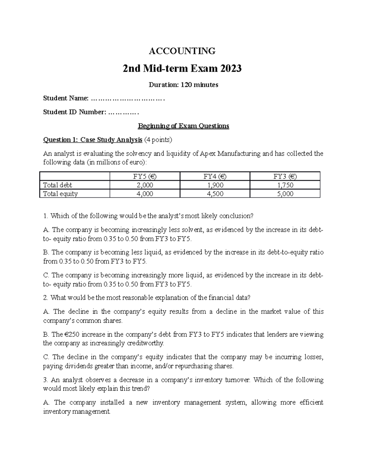 Mock test 2 - Mock test midterm 2 - ACCOUNTING 2nd Mid-term Exam 2023 ...