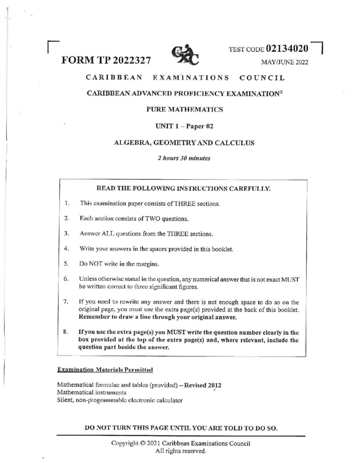 2022 CAPE PURE MATH UNIT 1 Paper 02 Exam Guide - Studocu