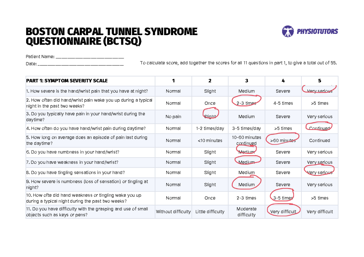 BCTSQ: Boston Carpal Tunnel Syndrome Questionnaire Analysis - Studocu