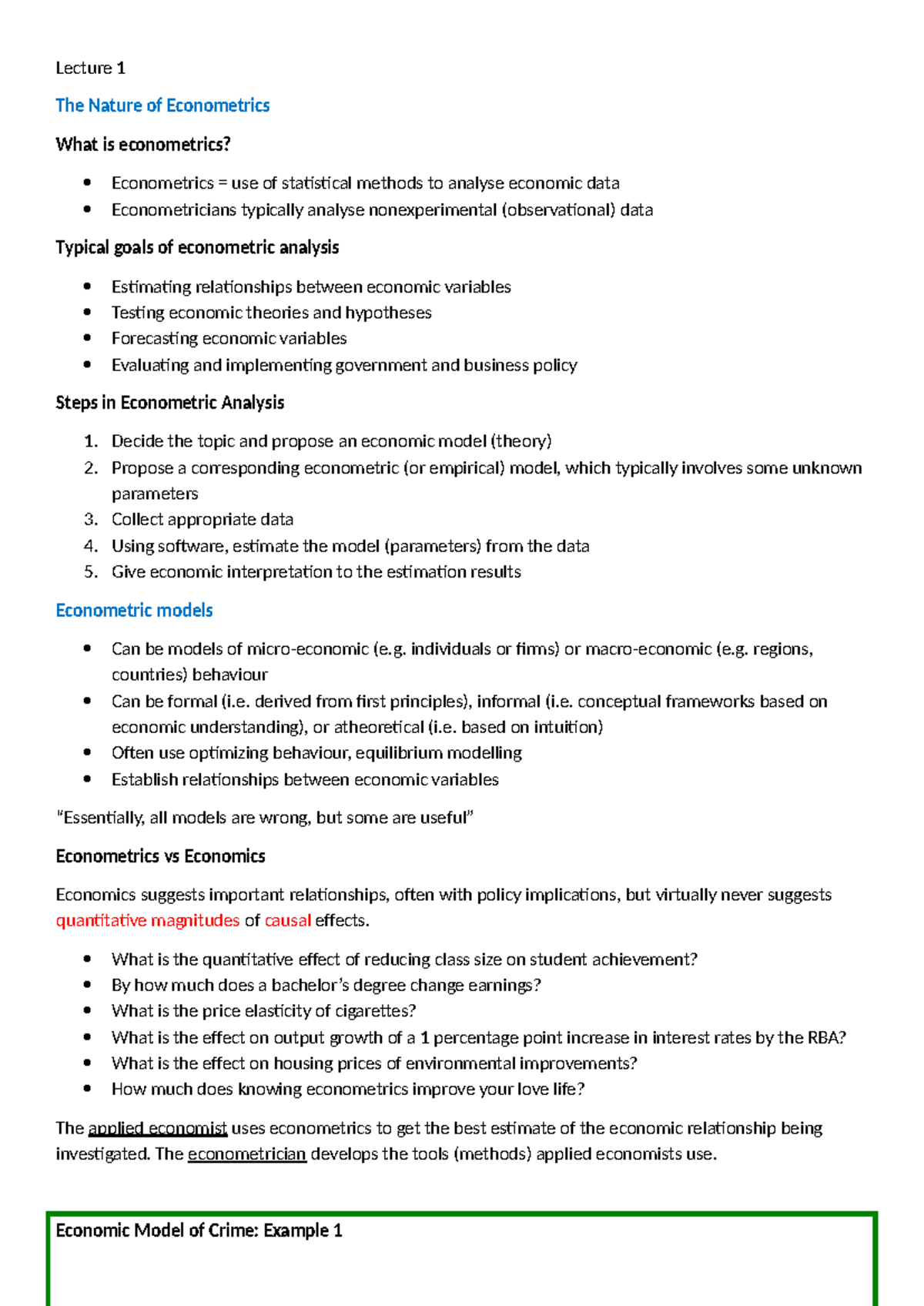 Intermediate Econometrics Lecture Notes 2025: Understanding Econometric ...