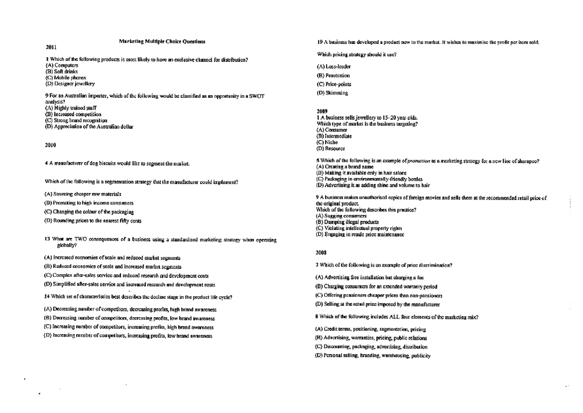 HSC Business Studies Marketing MCQs and Strategies Review - Studocu