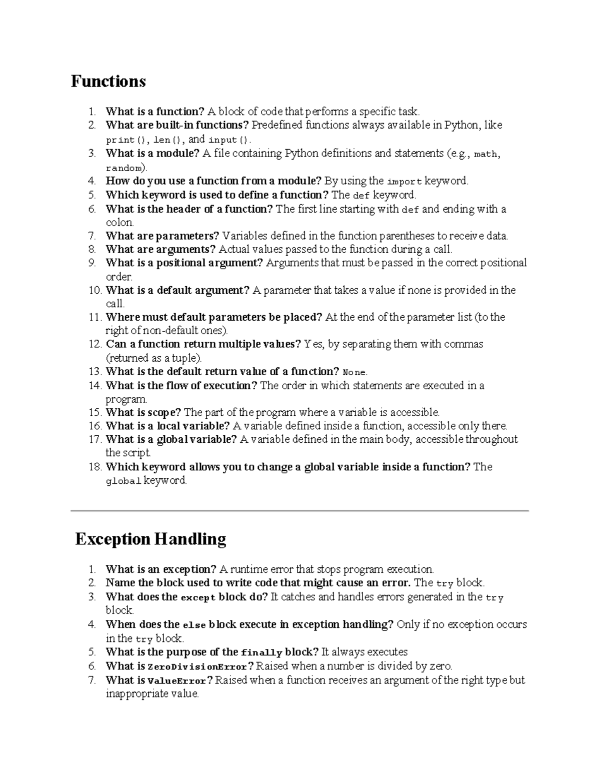 CS VIVA - Comprehensive Guide to Python Functions and Exception ...