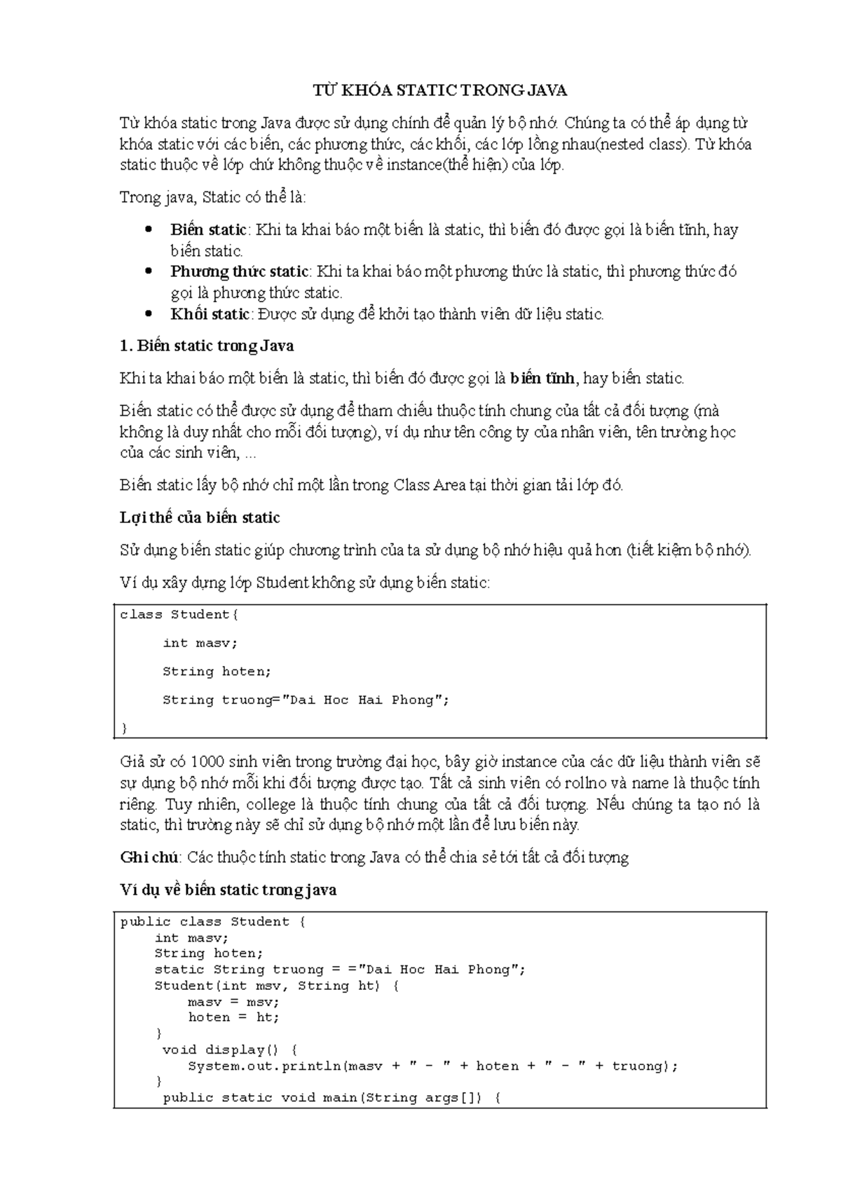 Từ Khóa Static Trong OOP Java - Hiểu Biến, Phương Thức và Khối - Studocu