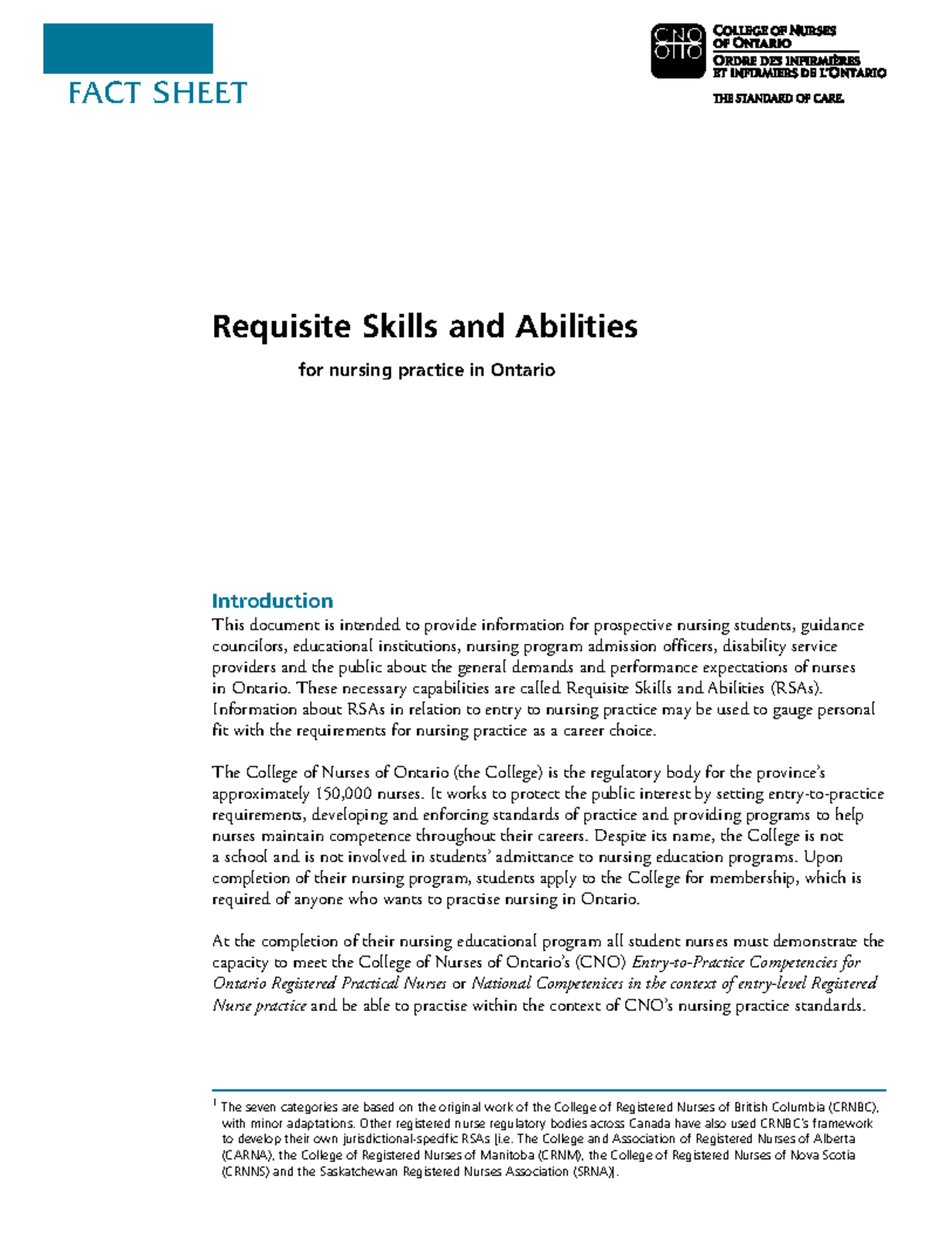 CNO 41078: Fact Sheet on Requisite Skills for Nursing Practice in ...