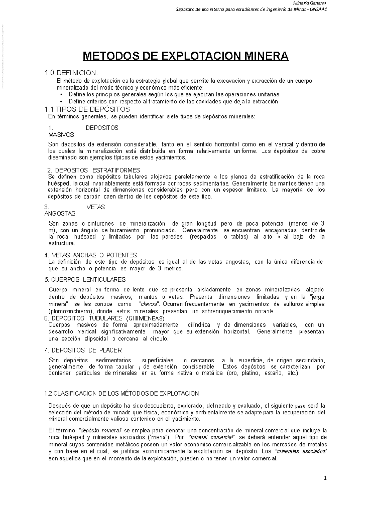 Métodos de Explotación Minera - Ingeniería de Minas UNSAAC - Document Preview