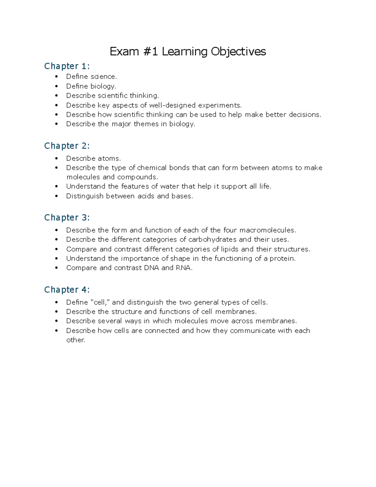 Biology 101: Exam #1 Learning Objectives and Key Concepts - Exam #1 ...