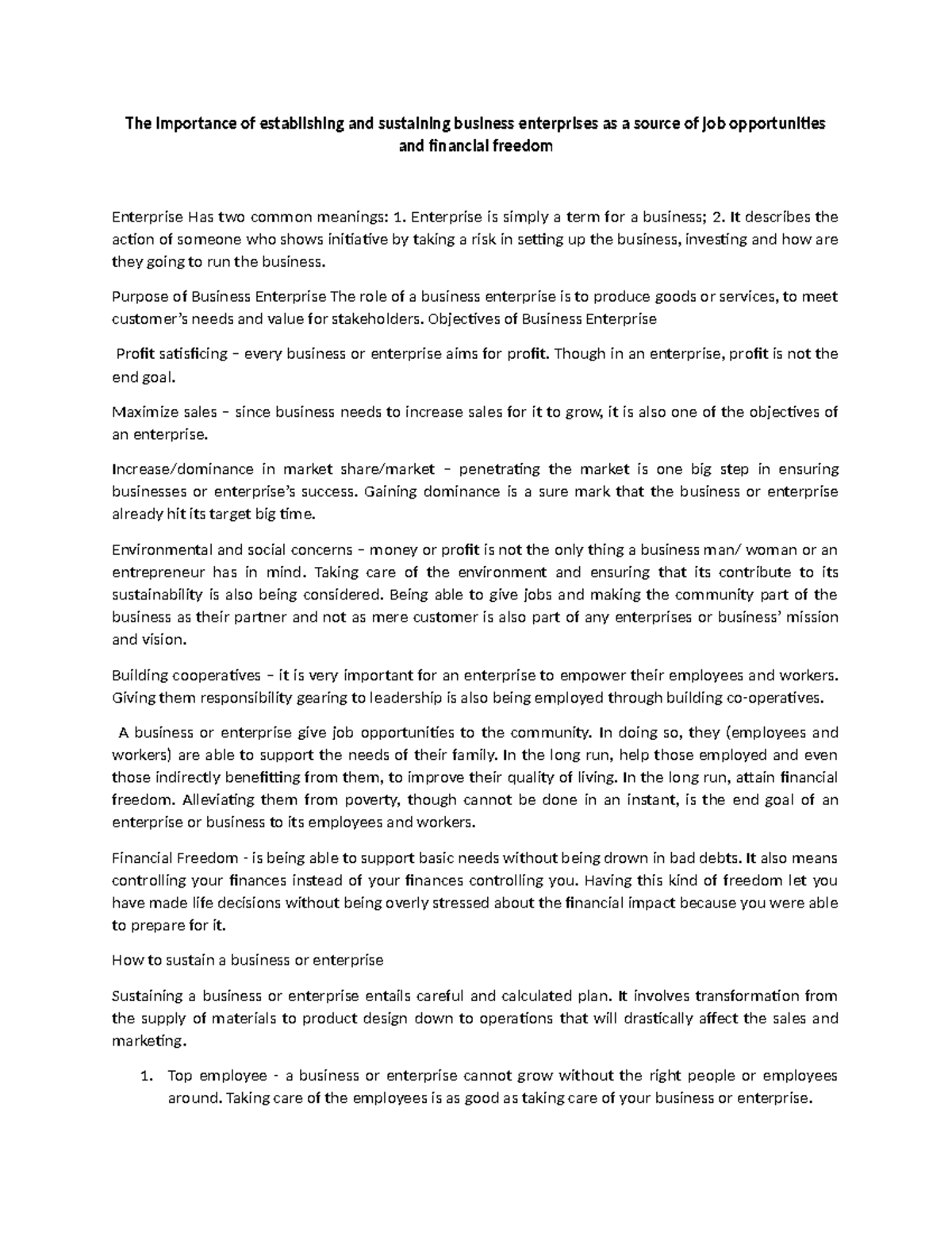 BUS 101: The Role of Business Enterprises in Job Creation & Financial ...