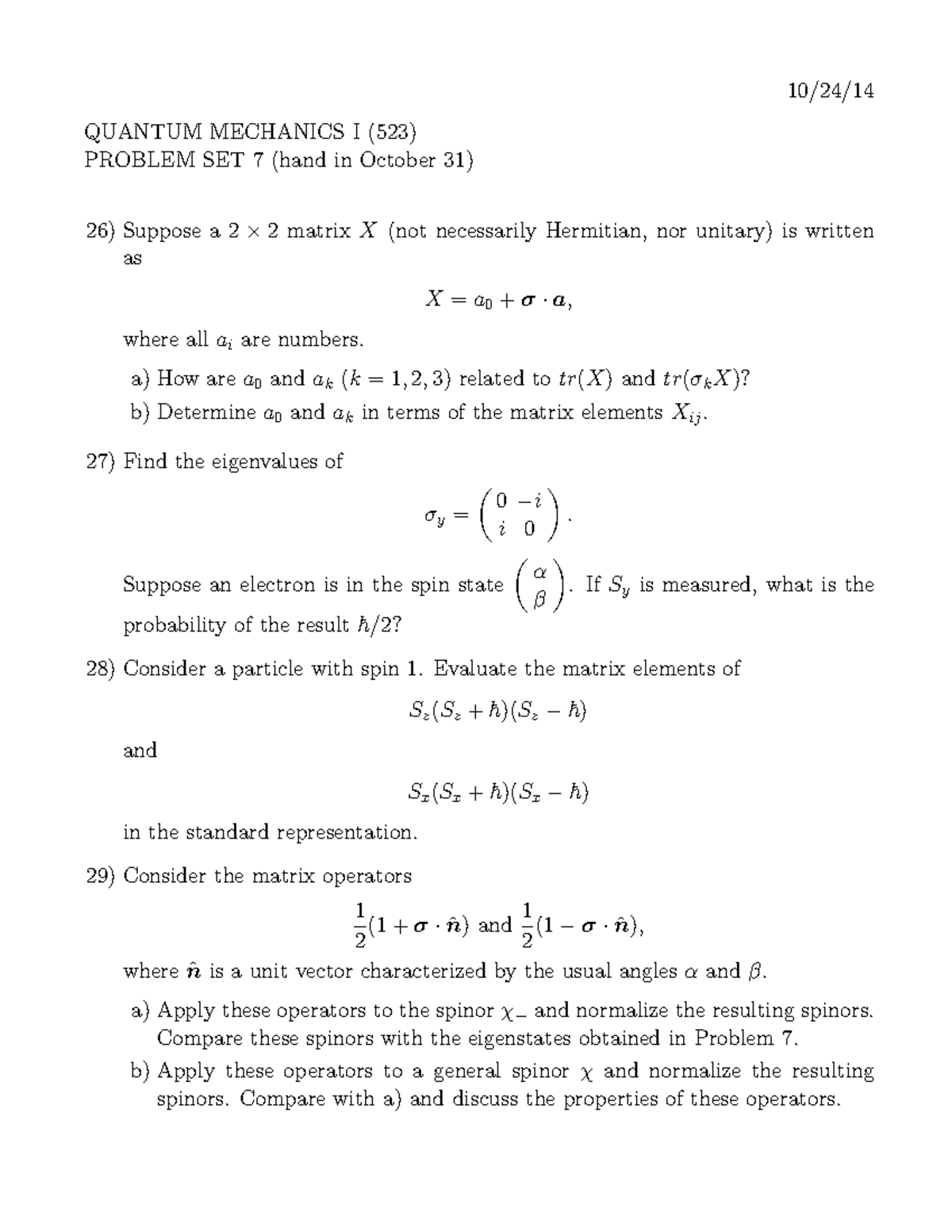 PHYS523 2014-2015 Quantum Mechanics I Problem Set 7 Details - Studocu