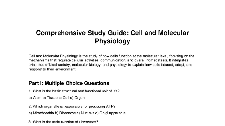 Cell and Molecular Physiology Study Guide: Comprehensive Review - Studocu