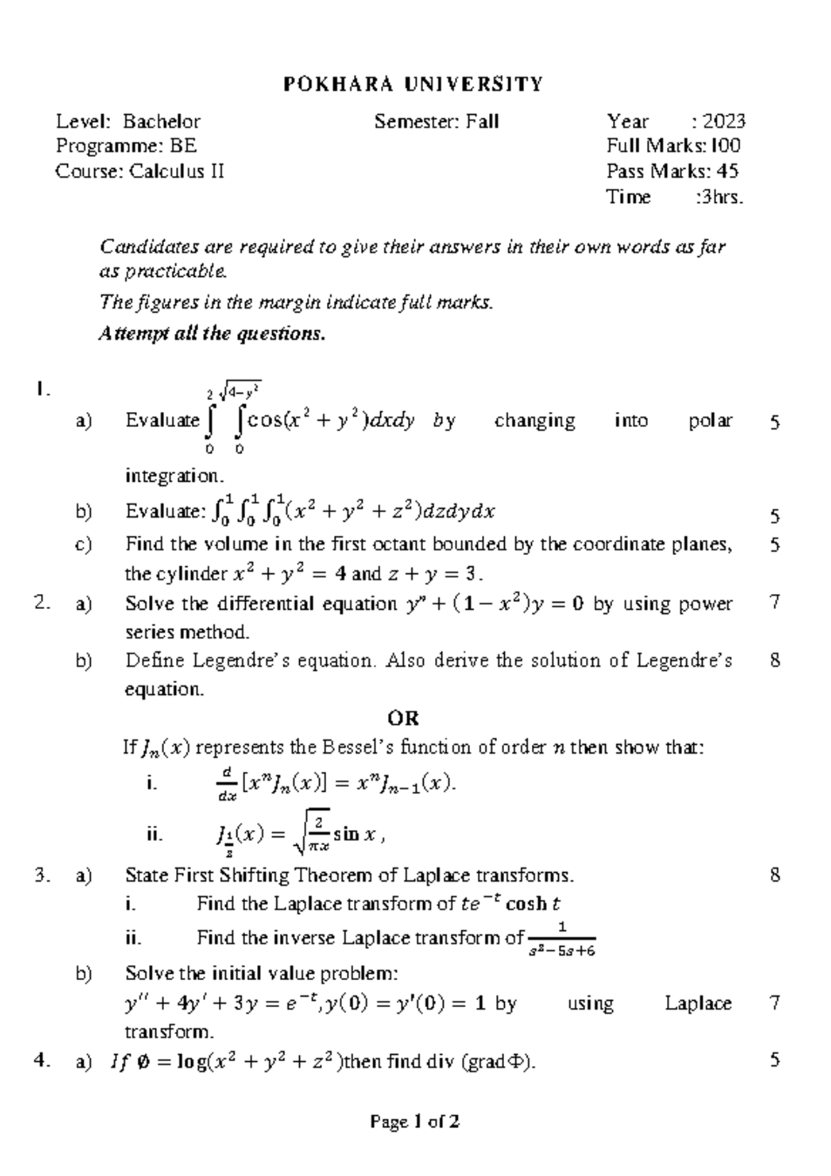Calculus II (BE) Fall 2023 Exam Paper - Full Marks: 100 - Studocu