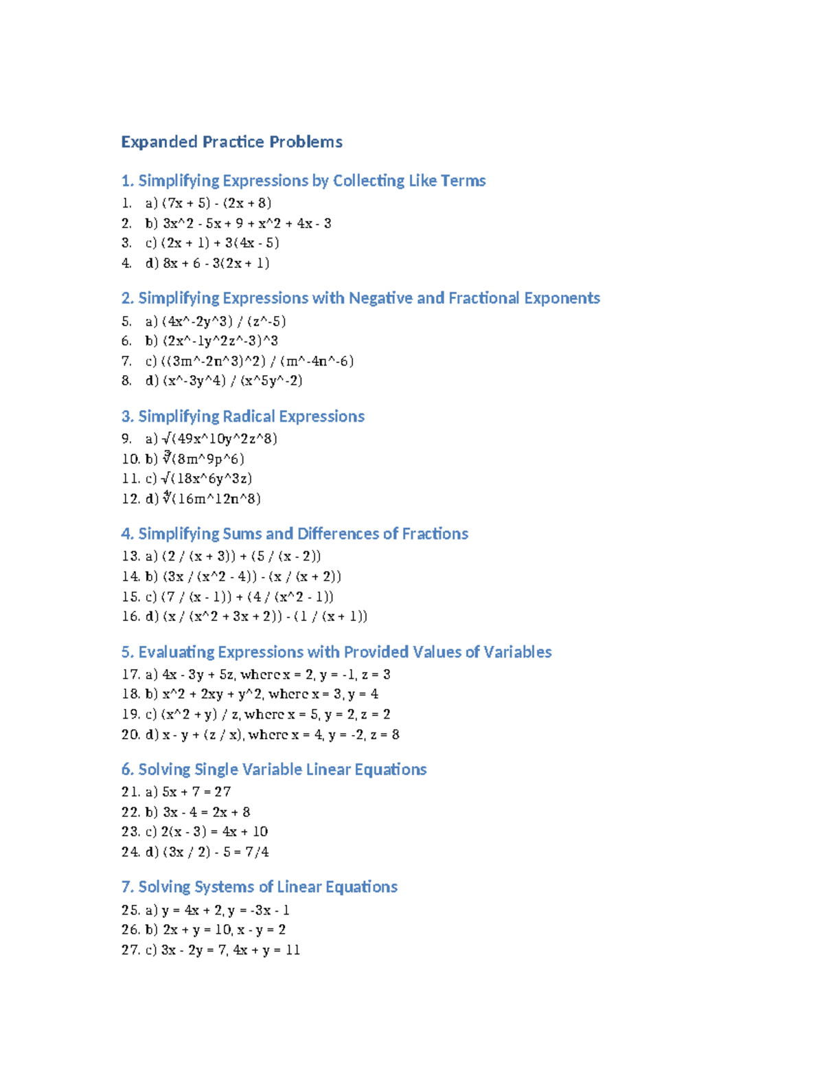 Expanded Practice Problems for Math 101: Expressions & Equations - Studocu