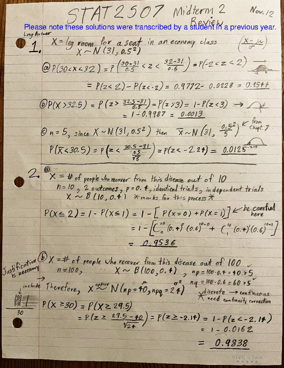 STAT 2507 Sample Test 2 Solutions - Stat 2507 - Studocu