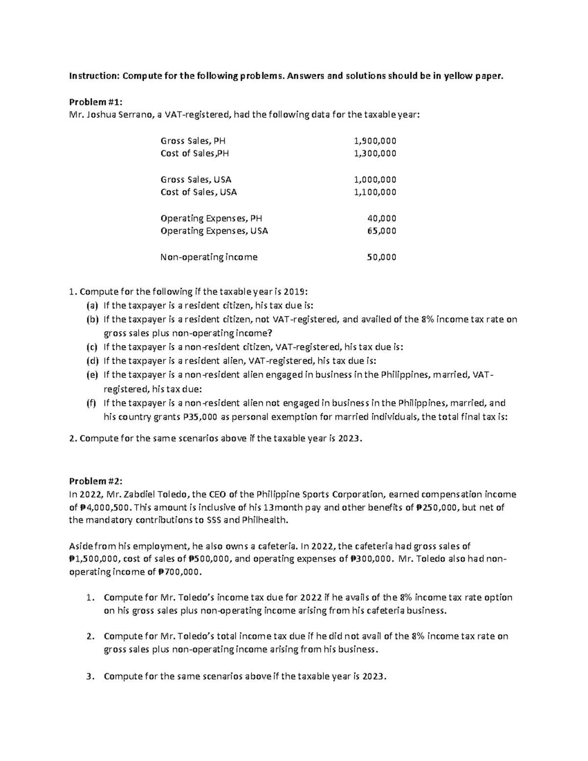 General Tax Problem Scenarios (Philippines) - Review Notes - Studocu