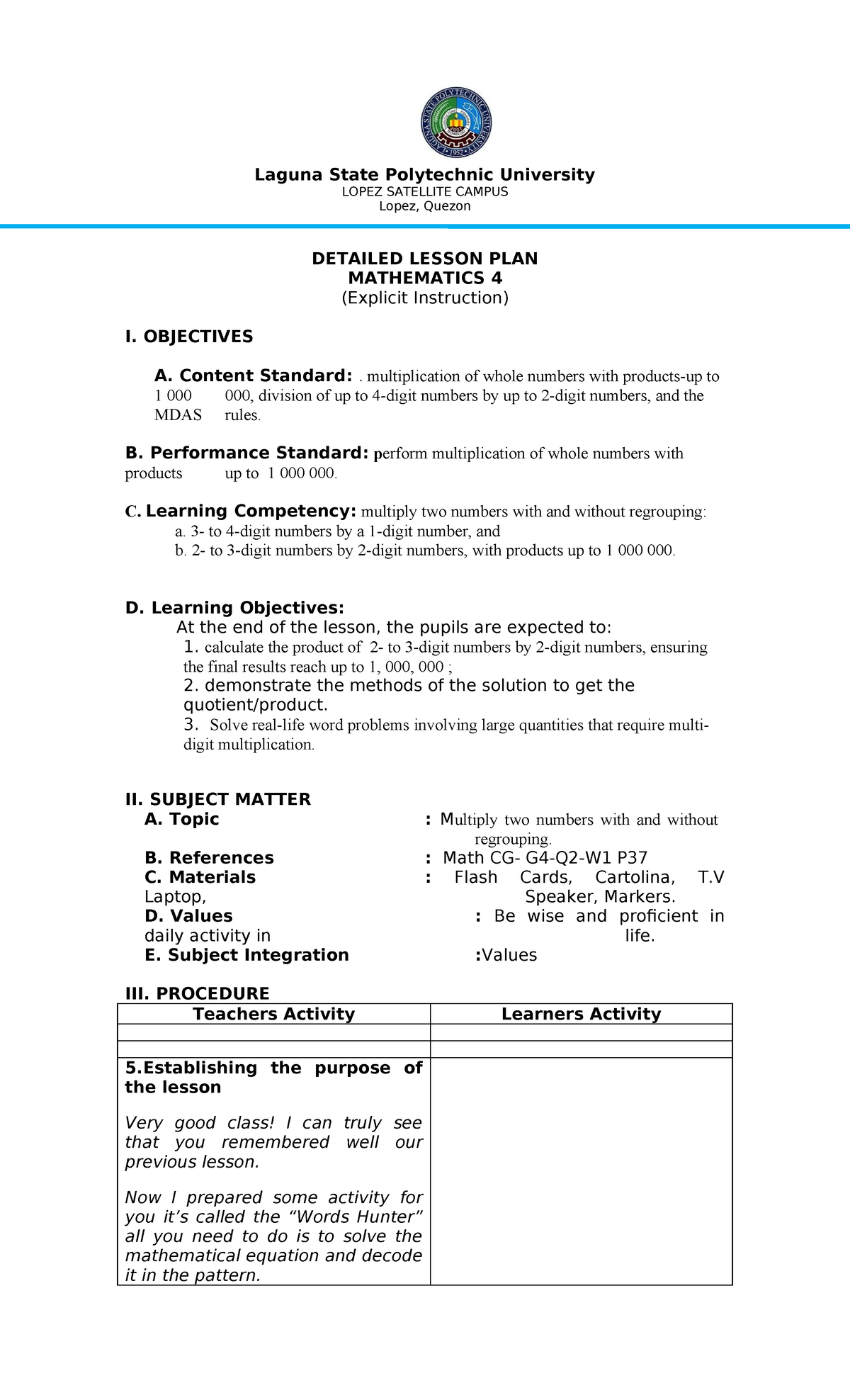 MATH G4 Lesson Plan: Mastering Multiplication Techniques - Studocu