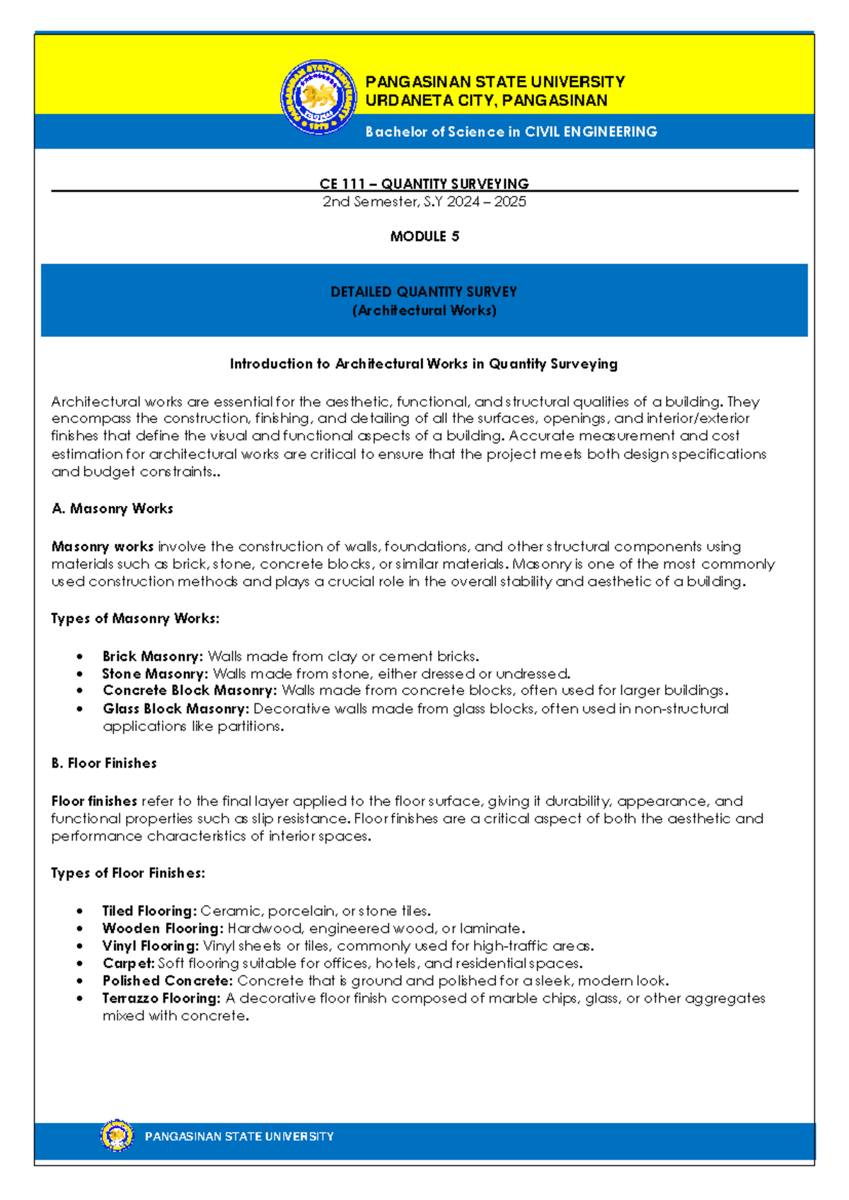 CE Quantity Surveying Module 5: Detailed Quantity Survey on Masonry ...