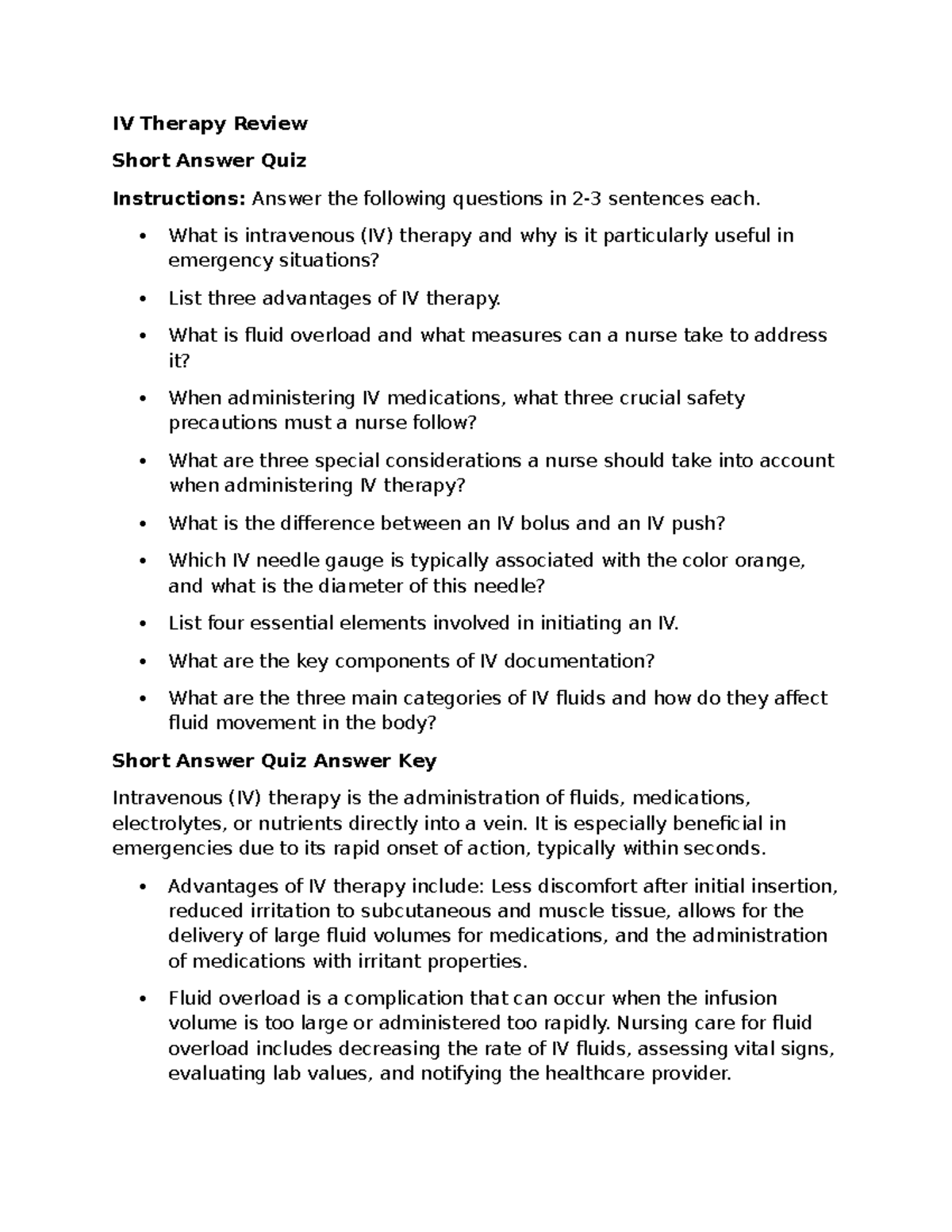 IV Therapy Short Answer Quiz and Review Guide - Studocu