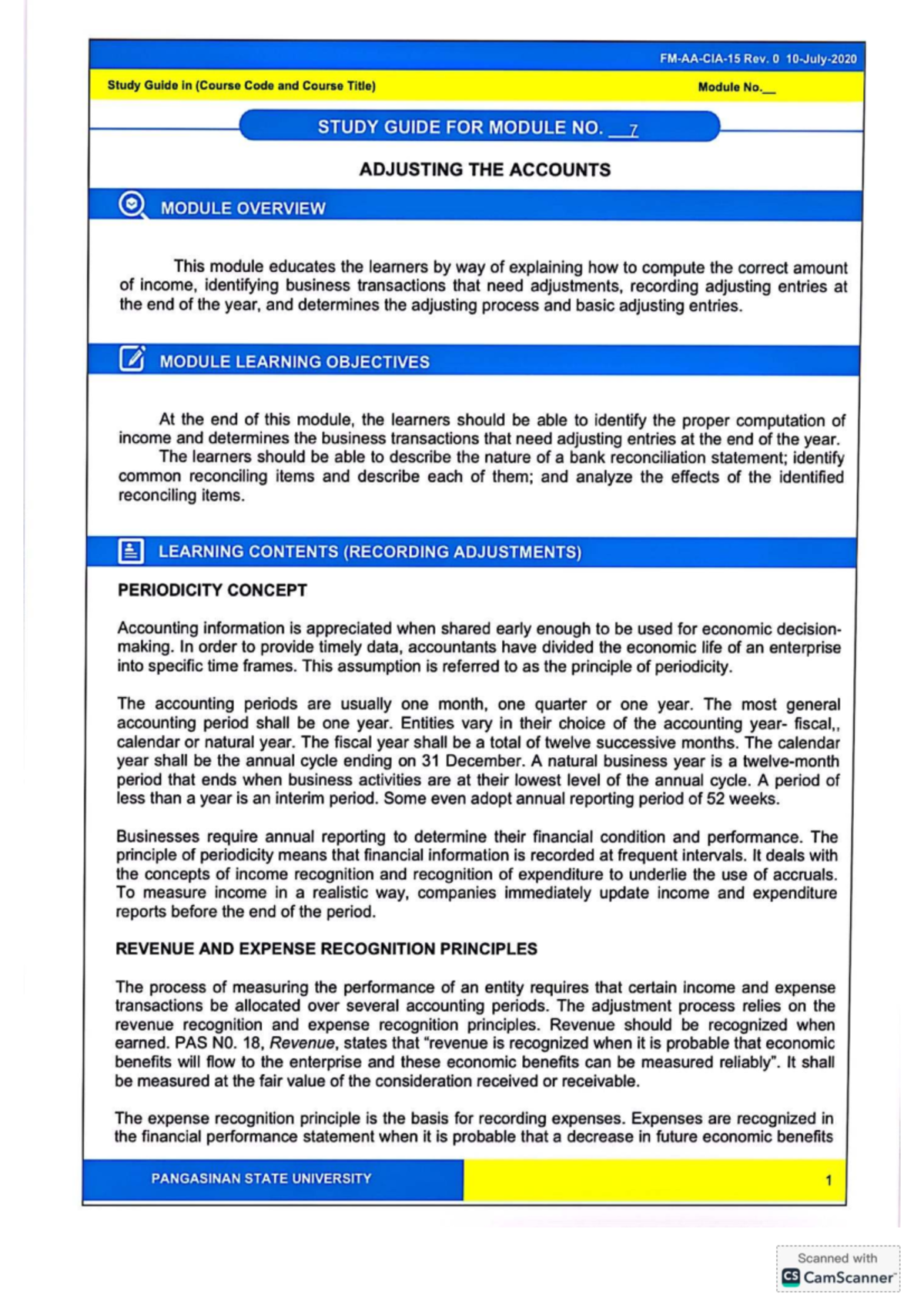 Module 7 Study Guide: Adjusting Accounts in (Course Code and Course ...