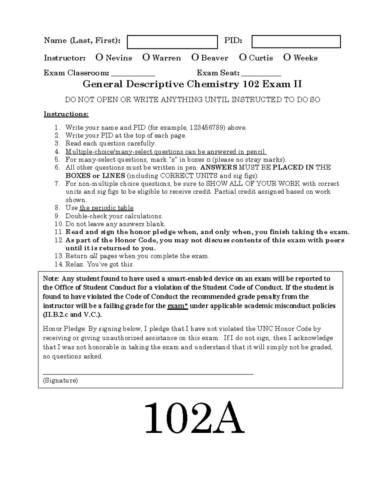 Spring 2026: CHEM 102 Exam II Instructions and Questions - Studocu