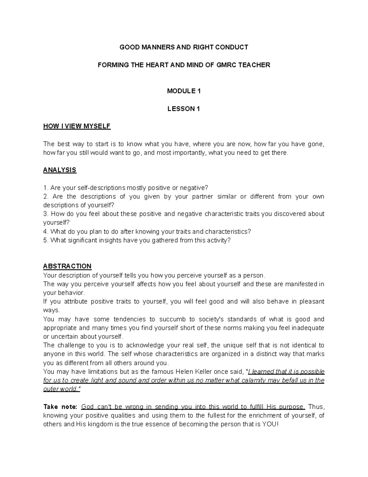VED - GMRC Lesson 1: Good Manners and Self-Reflection Insights - Studocu