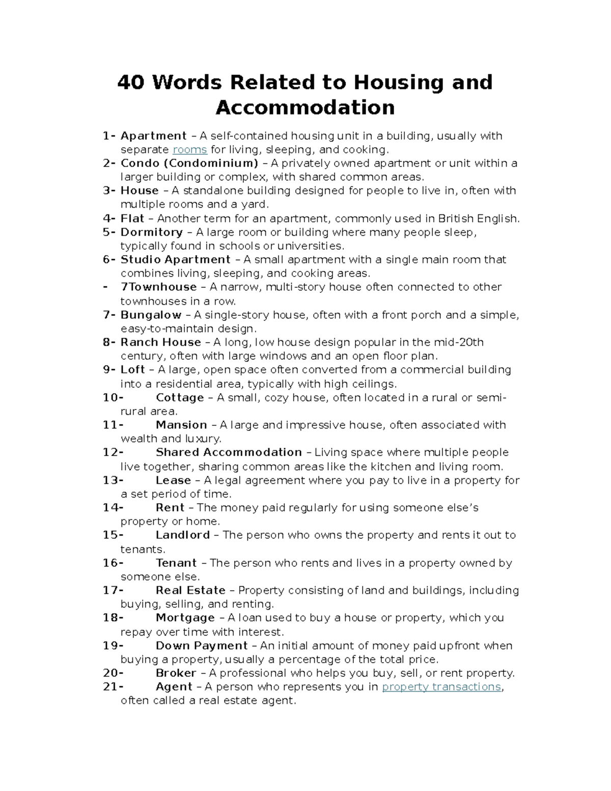 40 Key Terms for Housing & Accommodation Concepts - Studocu