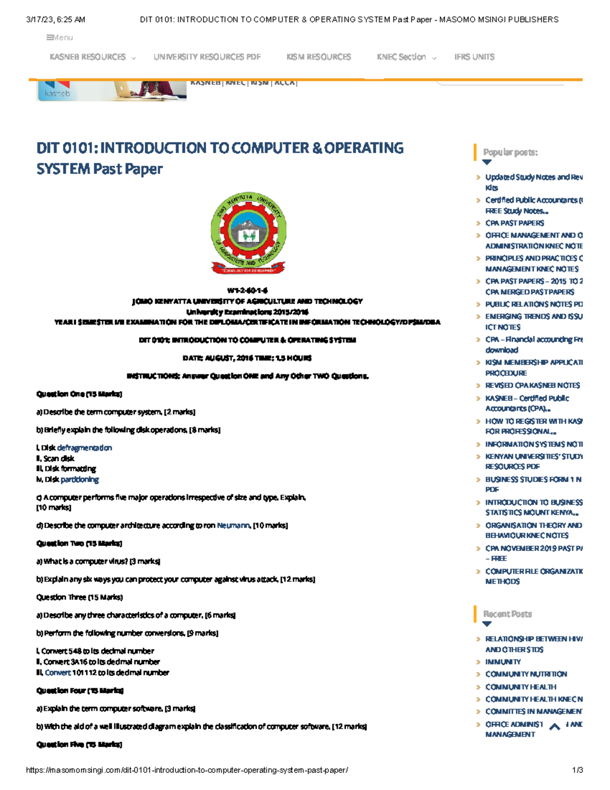 DIT 0101 Intro to Computer & Operating System Past Paper Analysis - Studocu
