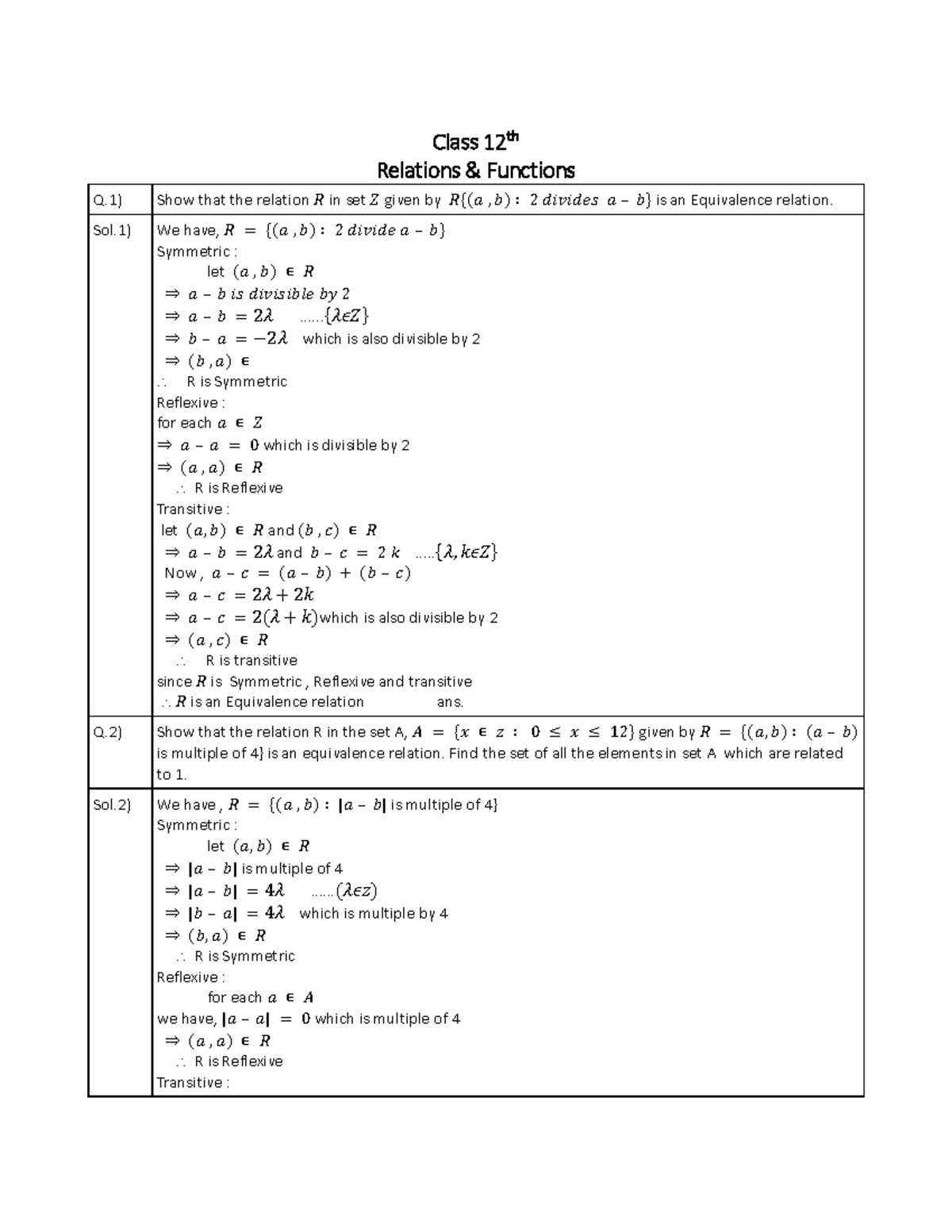 CBSE Class 12 Maths Assignment 02: Equivalence Relations in Functions ...