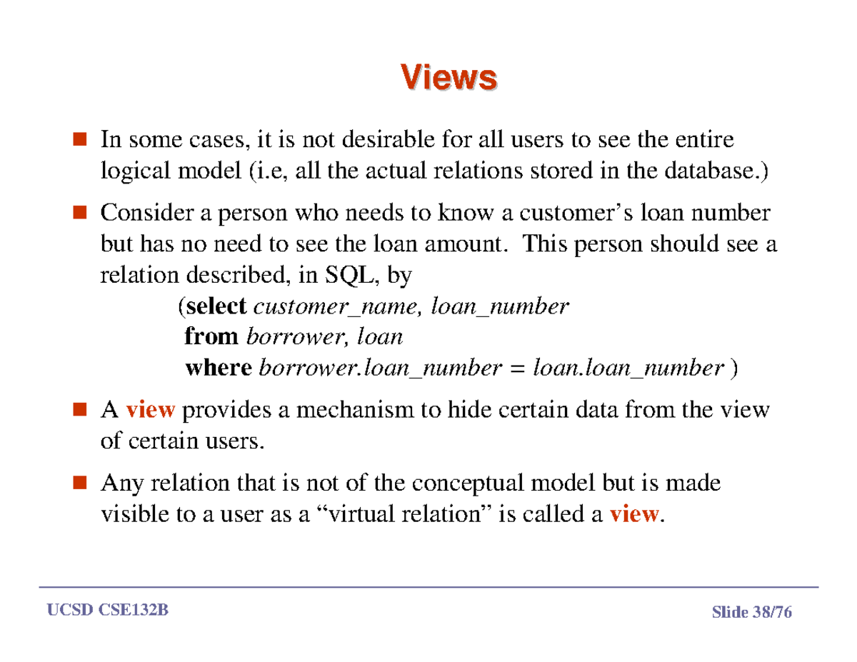 UCSD CSE132B Lecture Notes: Understanding SQL Views - Studocu