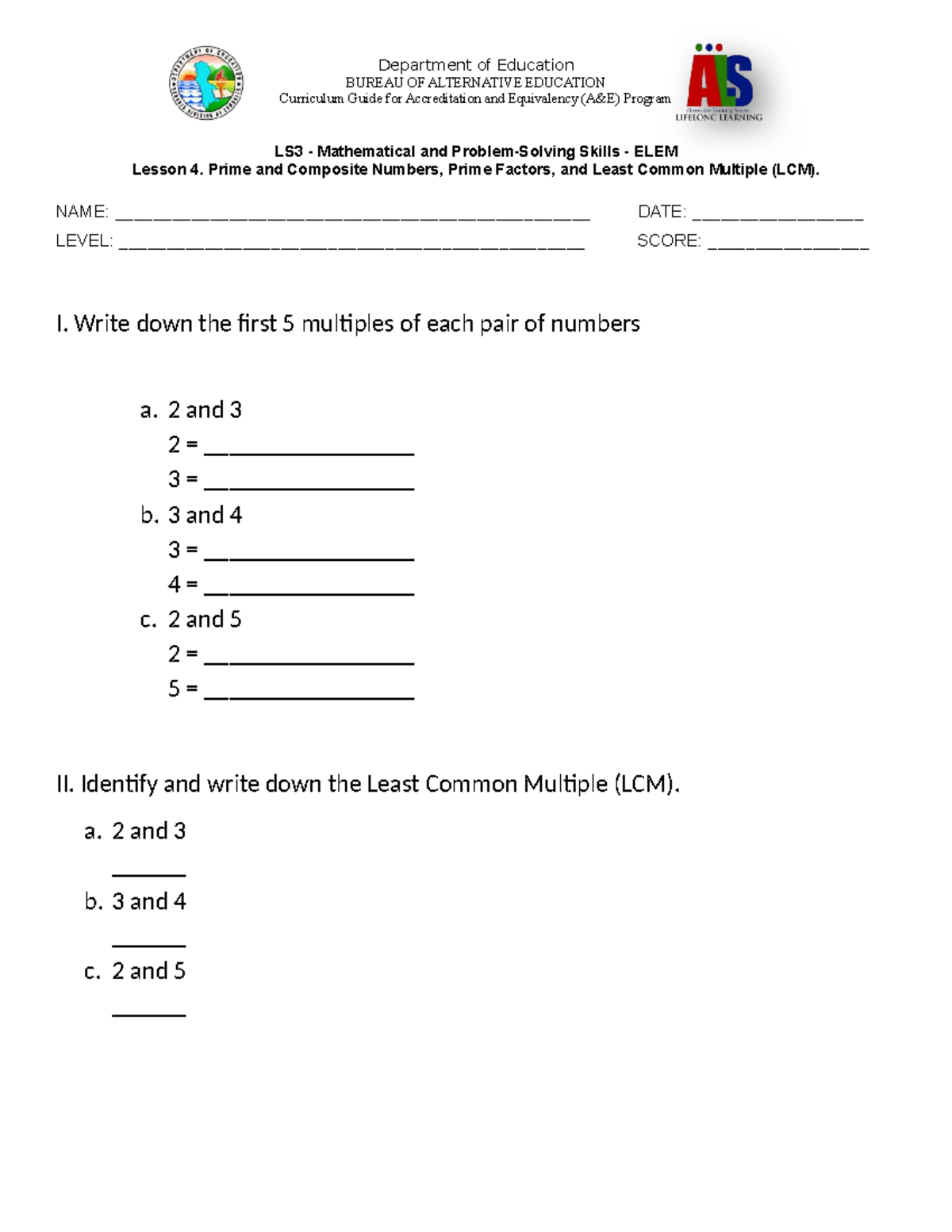 LS3 ELEM Lesson 4: Prime & Composite Numbers Worksheet - Studocu