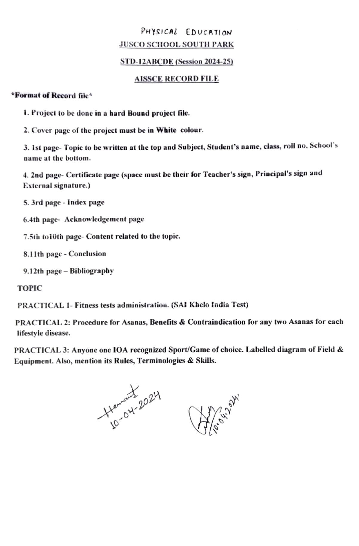 Physical Education Project (STD-12ABCDE) AISSCE Record File Guidelines ...