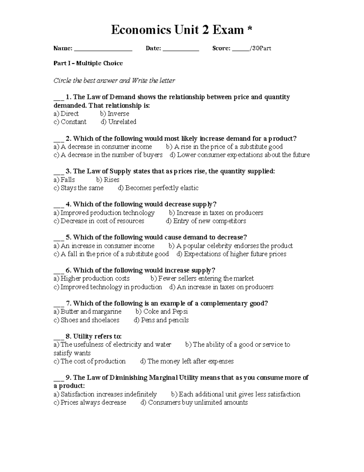 Economics 101 Unit 2 Exam: MCQs and Matching Questions - Studocu