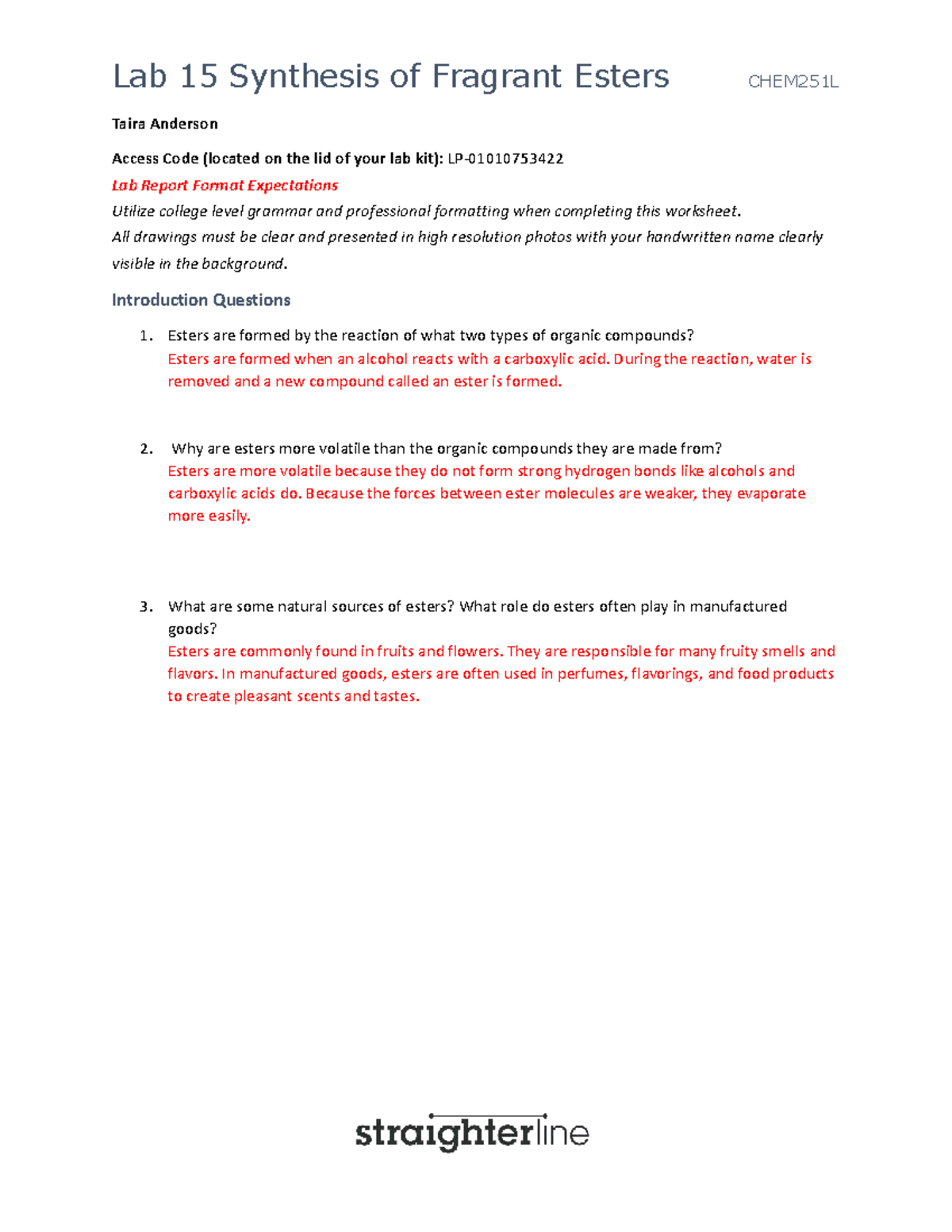 Lab 15: Synthesis of Fragrant Esters - CHEM251L Lab Report - Studocu
