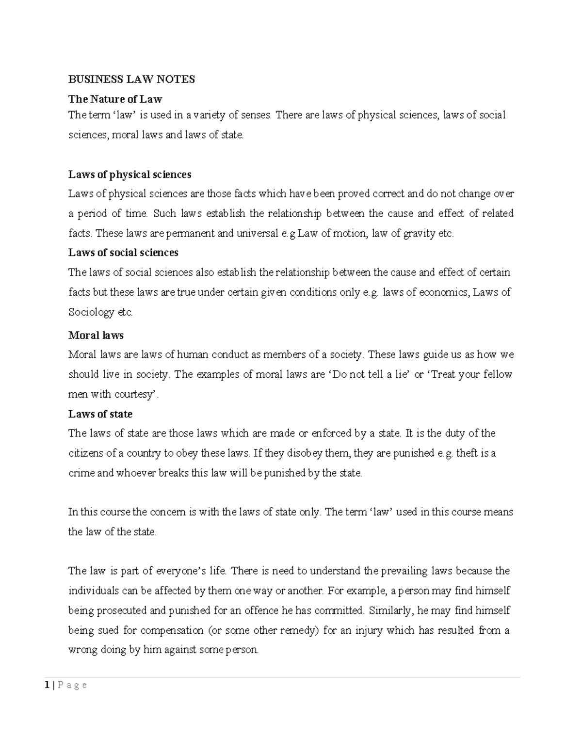 Business LAW Notes Updated - BUSINESS LAW NOTES The Nature of Law The ...