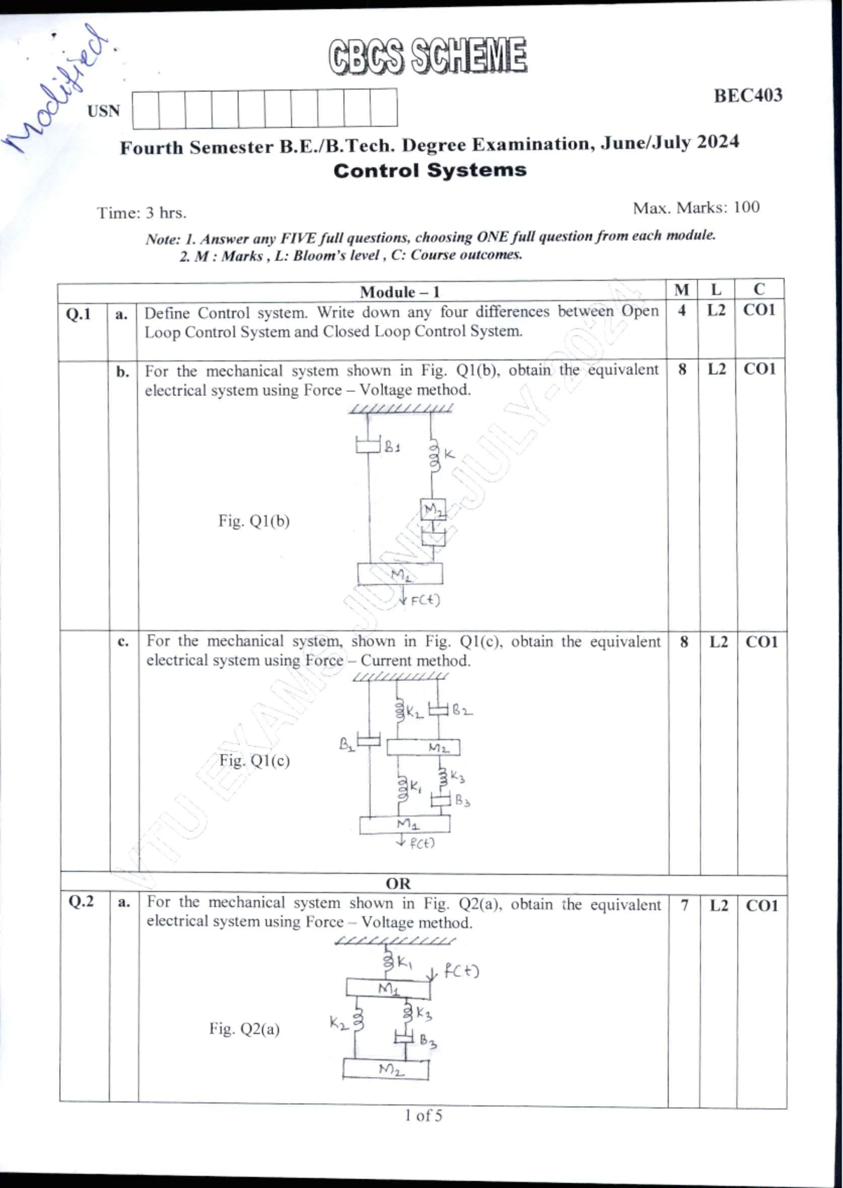 BEC403 Control Systems Previous Year Exam Paper Analysis - Studocu